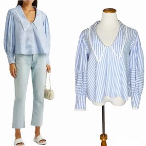 Free People Bexley Striped Cotton Shirt Size Medium Blue White Cottagecore